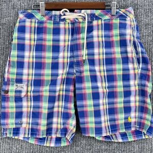 POLO Ralph Lauren Plaid Cargo Swim Trunks Mens L Board Shorts Preppy yellow pony